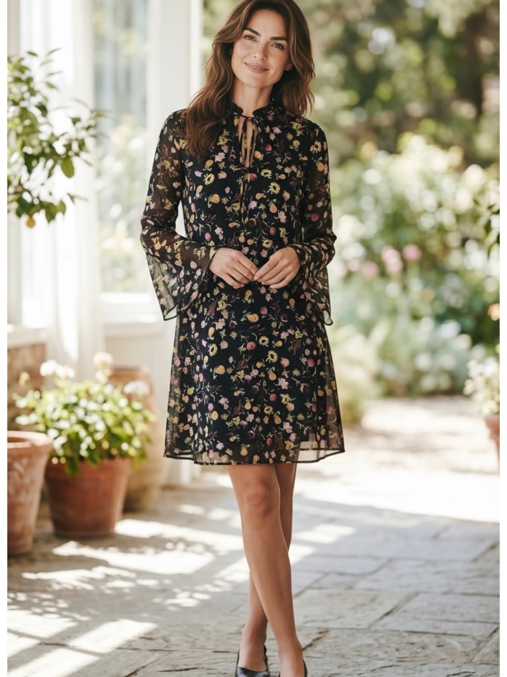 Philosophy - Sz XS - Black Floral Tie-Neck Mini Dress w/ trumpet sleeves